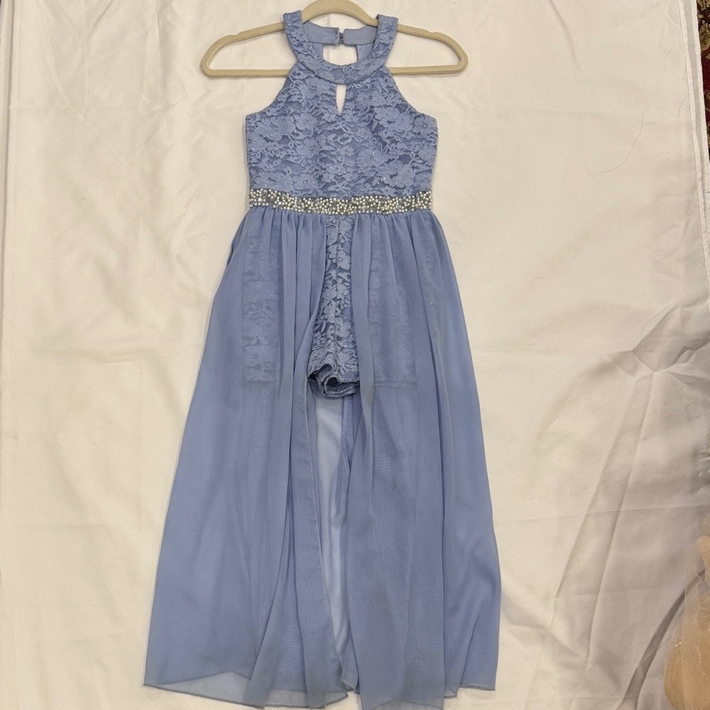 Girls Light Blue Lace & Chiffon Party Dress with Rhinestone Waist